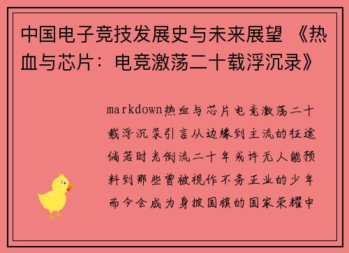 中国电子竞技发展史与未来展望 《热血与芯片：电竞激荡二十载浮沉录》